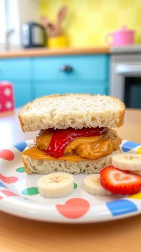 Peanut butter and jelly sandwich cut into small pieces on a colorful plate with fresh fruit.
